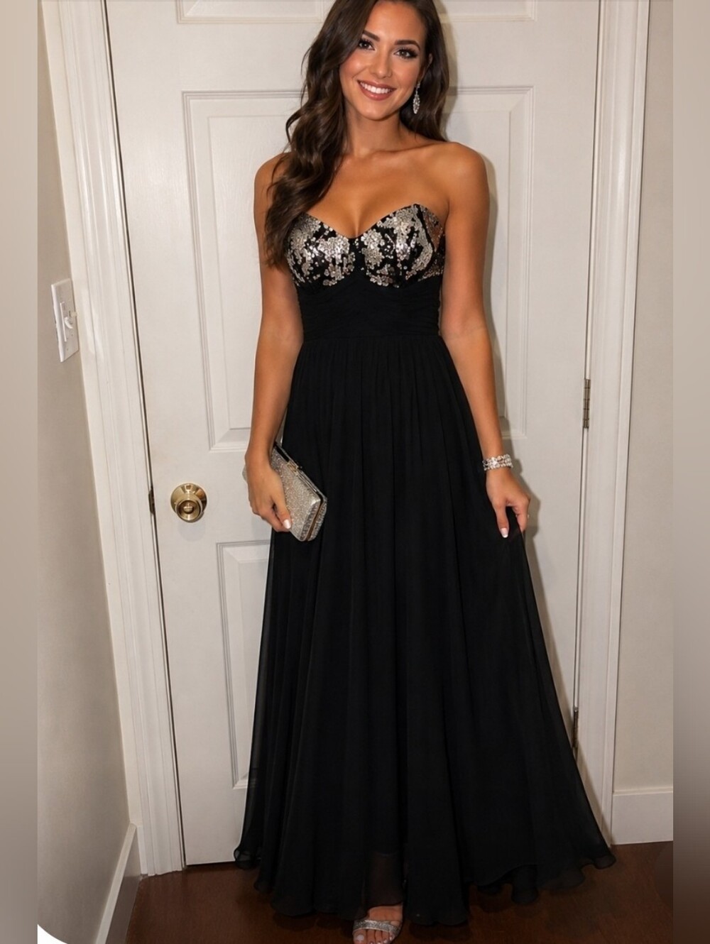 Betsy and Adams Strapless Pleated Sequined Formal Black Sequin Bust Evening Gown